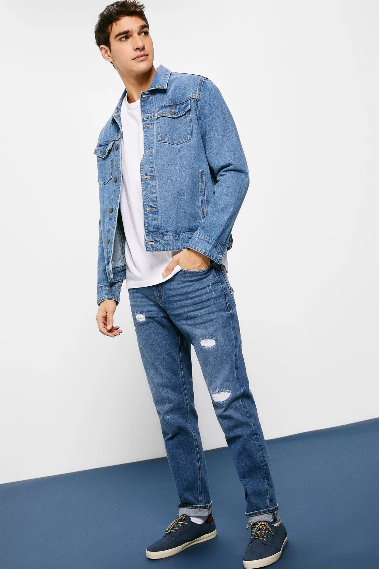 Online Jeans Slim Ligero Lavado Rotos Reparados Hombre Jeans