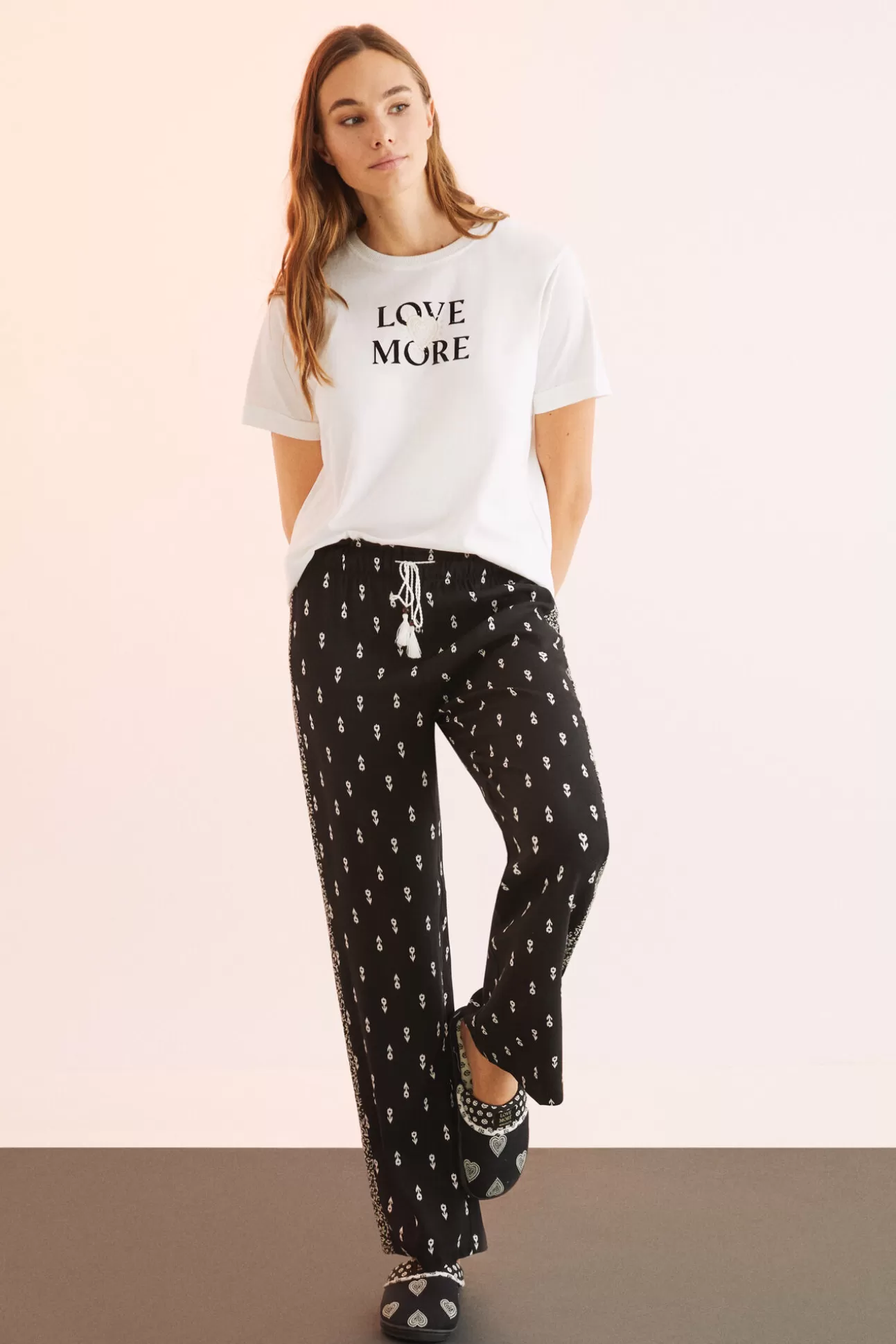 Fashion Pantalon Viscosa Estampado Blanco Y Negro Mujer Pijamas