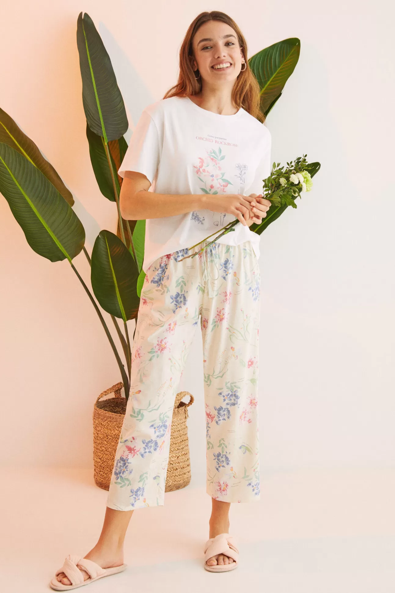 Flash Sale Pijama 100% Algodon Capri Blanco Flores Mujer Pijamas