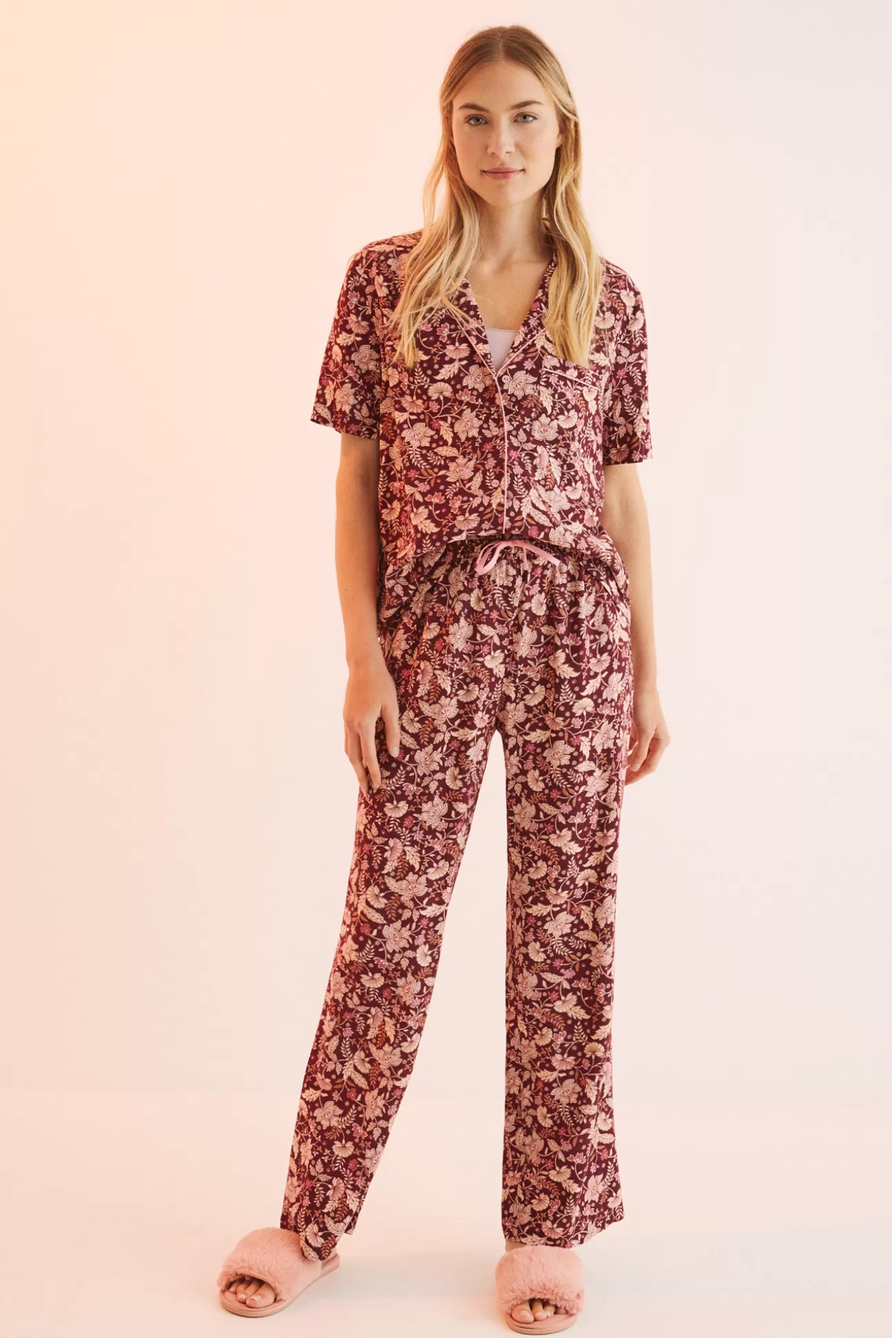 Cheap Pijama Camisero Largo Flores Granate Mujer Pijamas